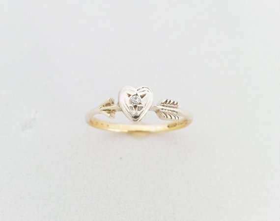 Wedding - Vintage Art Deco Style 9K Yellow, White Gold, Diamond Heart and Arrow Ring - Engagement Ring - Stacking Ring