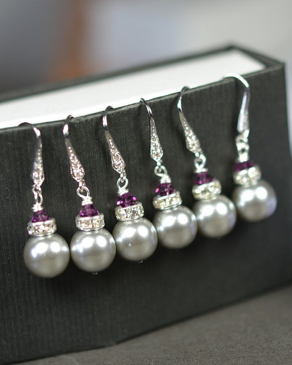 Mariage - Bridesmaid earrings-Bridesmaid Jewelry -Wedding Party-Wedding Jewelry -Plum purple-eggplant purple-Gray purple wedding pearl-Bridesmaid Gif