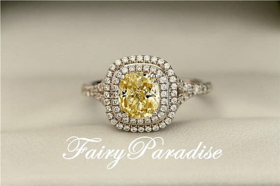 زفاف - 2 Ct  Rectangle Cushion Cut Man Made Yellow Diamond  Tiffany Inspired Double Halo set Split Shank Engagement Wedding Promise Cocktail Ring