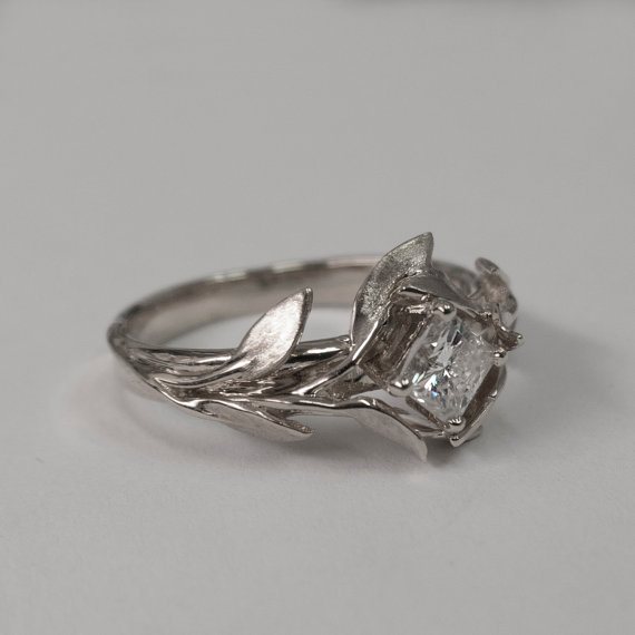Wedding - Leaves Engagement Ring No. 4 - 14K White Gold and Diamond engagement ring, engagement ring, leaf ring, Princess Cut Diamond, Princess