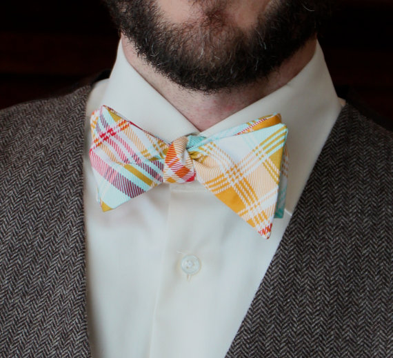 Mariage - Men's Bow Tie in Tartain Red and Yellow Plaid - Self tying, pre-tied adjustable strap or clip on - Groomsmen attire