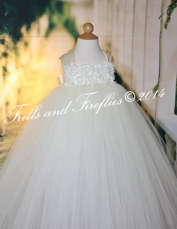 Wedding - Ivory or Grey Flower girl dress, Ivory Shabby Chic Tutu Dress, Ivory Shabby Chic Flowers - 2t, 3t, 4t, 5t, 6, 7, 8