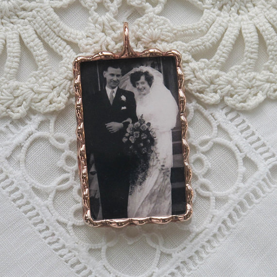Wedding - Custom Copper Photo Charm for Bouquet with photo and quote.