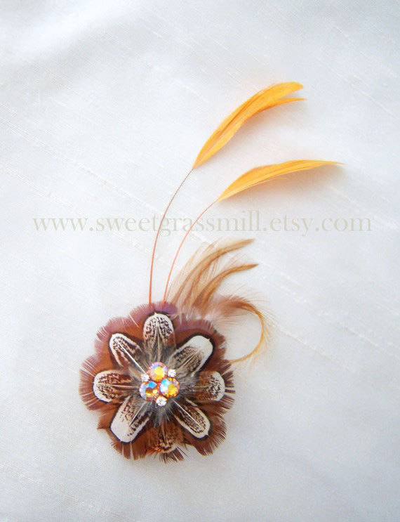 Mariage - Feather Fascinator Almond Brown Pheasant Flower Autumn Orange Feather Clip "Rustic Floria"