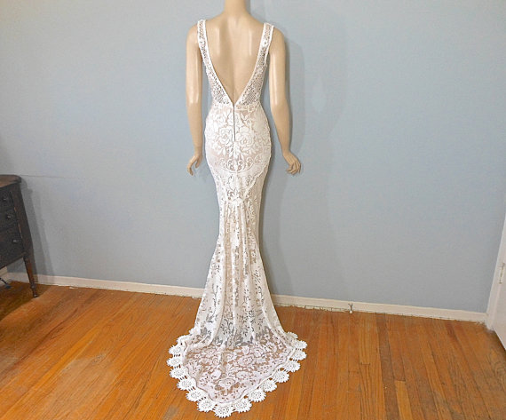 Mariage - Hippie Boho Wedding Dress CROCHET Wedding Dress LACE Mermaid Wedding Dress Sz Small
