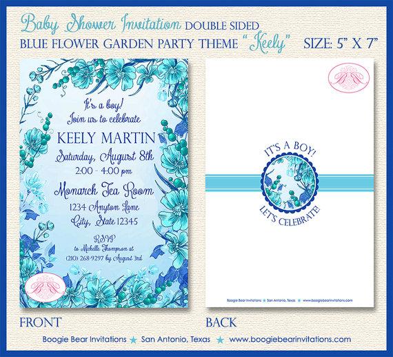 Hochzeit - Blue Flower Garden Baby Shower Invitation Boy Aqua Teal Spring Floral Tea 1st Brown Bear Invitations Keely Theme Paperless Printable Printed