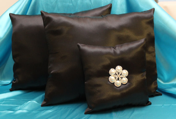 Hochzeit - 2 Black Satin Wedding Kneeling Pillows & Ring Bearer Pillow With Heart