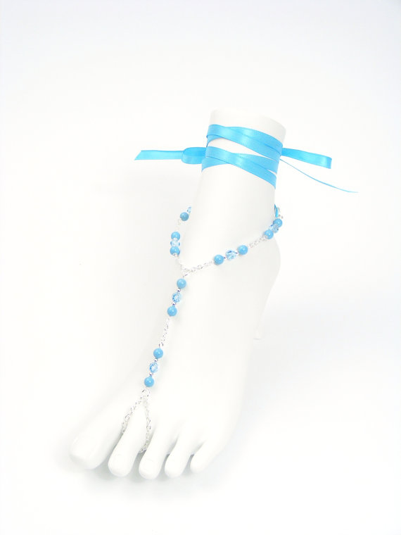 Hochzeit - Pearl barefoot sandal, foot jewlery, footless sandles, turquoise toe ring anklet, feet bracelet, blue wedding shoes. GEORGIA Turquoise