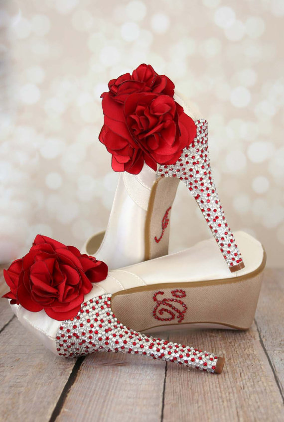 زفاف - Ivory Platform Peep Toe Shoes with Flowers