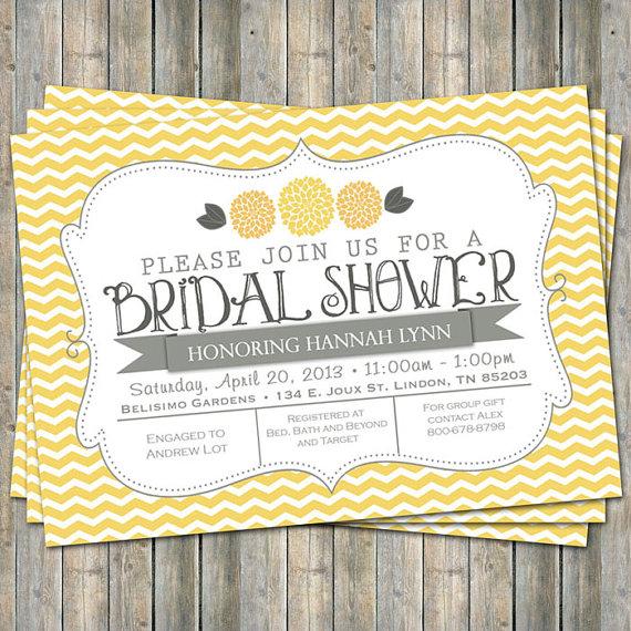 زفاف - Yellow Chevron Bridal Shower invitation with flowers, yellow and gray,  printable, digital file
