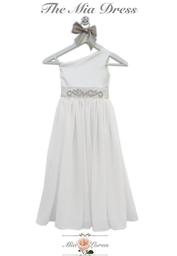 زفاف - Bridal White Flower Girl Dress, One Shoulder Dress with Rhinestone Sash {The Mia Dress Style No. 108} Made in the USA