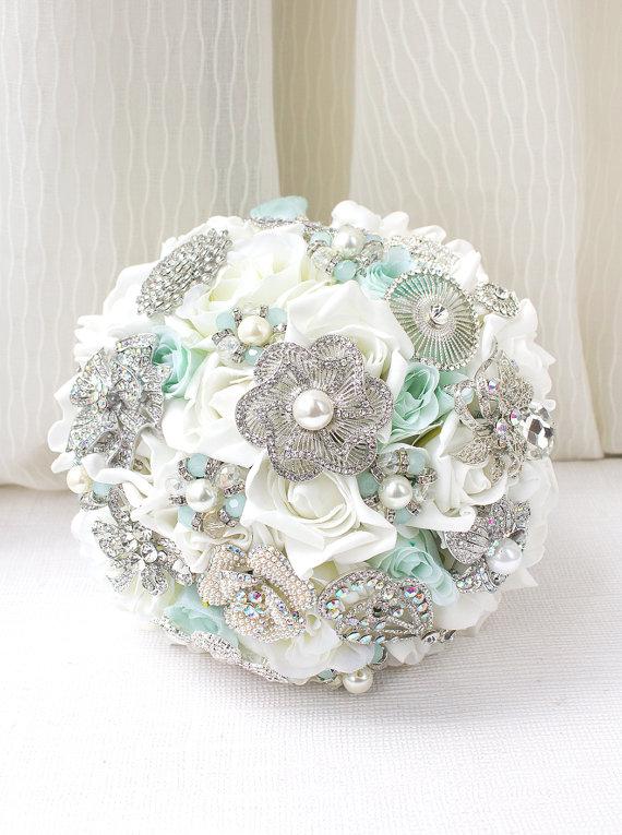 Wedding - Mint Brooch Bouquet, Bridal Bouquet, Silk Flower Bridal Bouquet, Mint Flower Bouquet, Wedding Bouquet, Brooch Bouquet, Mint Wedding, BQ45