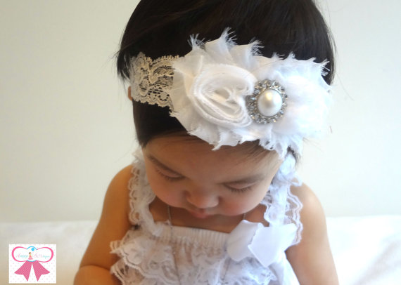 Hochzeit - Duo Shabby White Lace Baby Girls headband, White Headband, newborn headband, baptism headband, wedding headband, christening headband