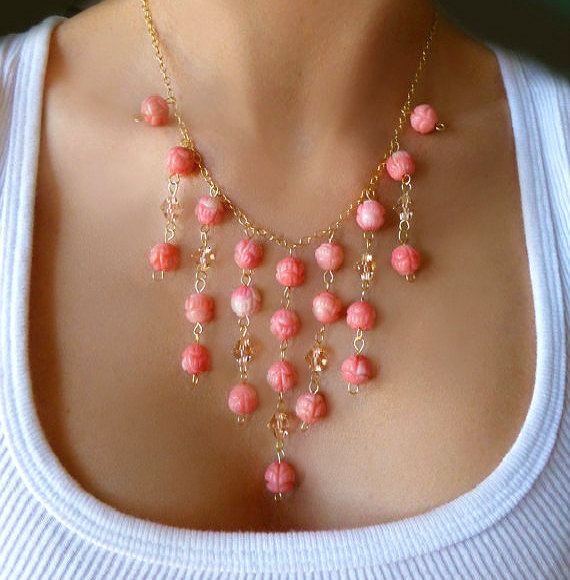 زفاف - Coral Multi Strand Necklace - Coral Statement Necklace With Swarovski -Coral Bridal Necklace -Pink Coral Bib Necklace -Beach Wedding Jewelry
