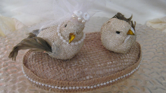 Wedding - Burlap Love Bird Cake Topper Country Rustic Barn Wedding Decoration Cottage Shabby Ceremony Pearl Lace
