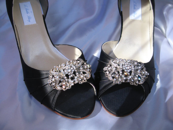 Hochzeit - Wedding Shoes Black Bridal Shoes Vintage Inspired Square Crystal Brooch -100 Additional Colors To Pick From