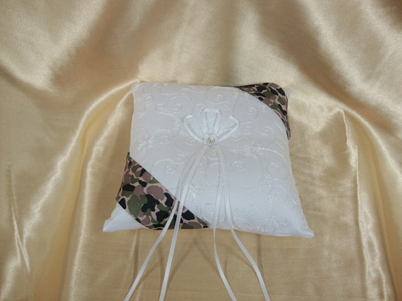 Wedding - White Ring Bearer Pillow with Camouflage Trim