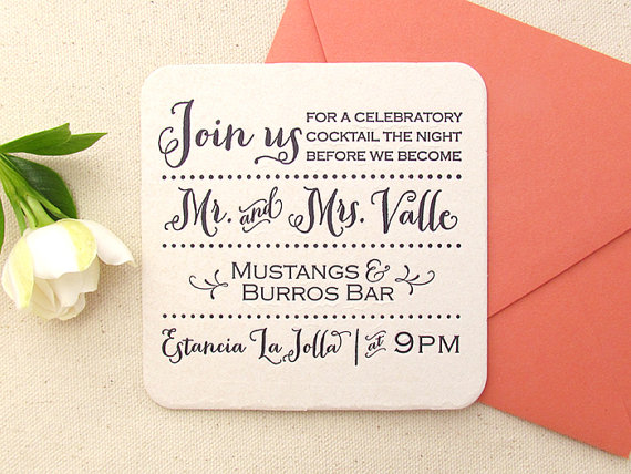 Hochzeit - Letterpress Coaster Invitations -  1color - 50 (fifty) Coasters with envelopes, Modern, Unique, Engagement Party, Rehearsal Dinner, Birthday