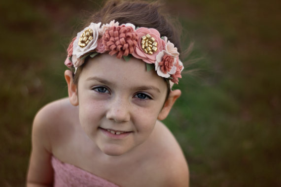 Hochzeit - Vintage Pink, Grapefruit, Ivory and Gold Wool Felt Flower Crown Headband-  Shabby Chic Wedding Flower Girl Headband