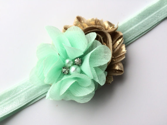 Mariage - Mint Green and Gold Flower Headband for Easter - Headband for Spring -Mint Green Head Band - Spring Headband Photo Prop - Baby Girl Headband