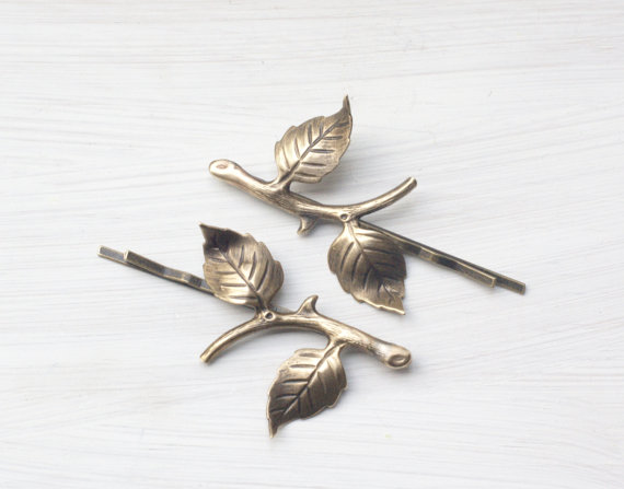 Hochzeit - Branch hair pins leaves bridal brass bobby pin twig hair accessory leaf set woodland rustic wedding