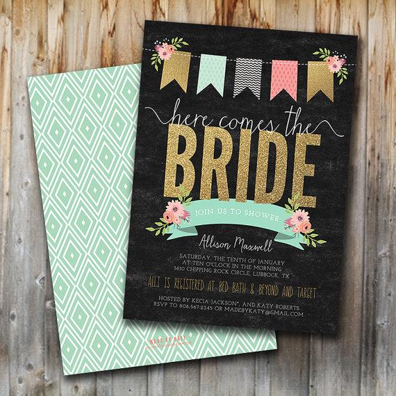Mariage - Glitter Here Comes the Bride: Bridal Shower Invitation, Gold and Pink, Invite, Wedding Shower, Custom
