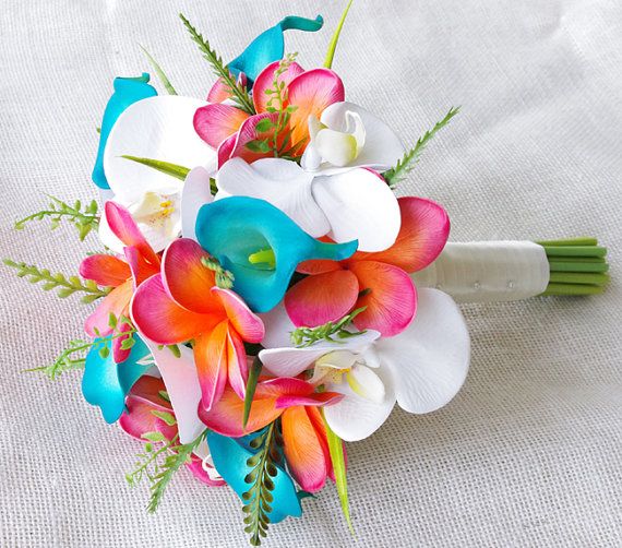 Свадьба - Wedding Coral Orange And Turquoise Teal Natural Touch Orchids, Callas And Plumerias Silk Flower Bride Bouquet