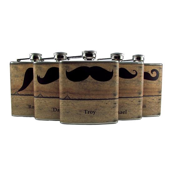 Wedding - Faux Barn Siding Mustache Groomsmen Best Man Set Of 5 Hip Flasks 6oz Personalized Flasks