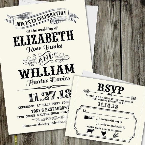 Wedding - 25 Printed Vintage Chic Wedding Invitation Set with RSVP card and Envelopes
