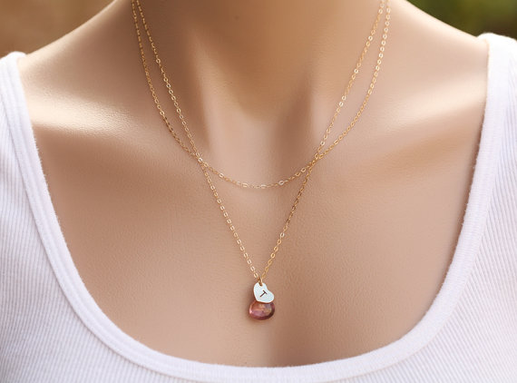 زفاف - Double Layered heart personalized necklace,Long layered necklace,bridesmaid gifts,wedding bridal Jewelry