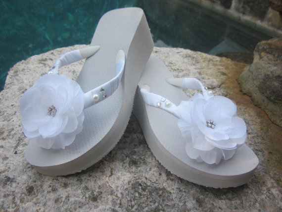 Wedding - Wedding Shoes/Flop Flops/Wedges for Bride.Silk Flowers with Rhinestone Center.White Flip Flops,Beach Wedding.FREE Scripting.