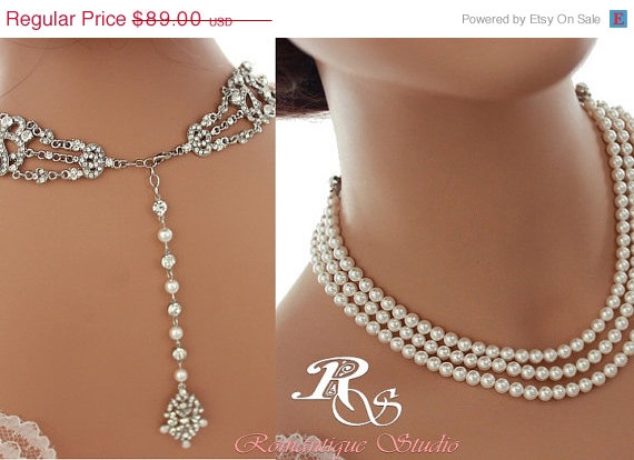 زفاف - HUGE SALE Back drop bridal necklace Swarovski pearl rhinestone statement necklace wedding necklace crystal art deco wedding jewelry multi st
