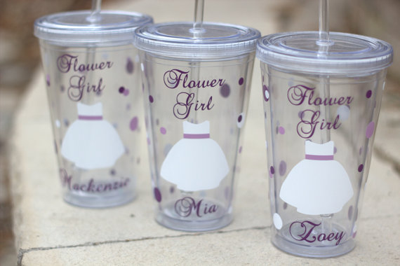 Hochzeit - 1 acrylic tumbler for Flower girl or ring bearer.  Tumblers with lid and straw, wedding party glasses.  BPA free, double walled, insulated