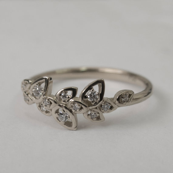 Wedding - Leaves Engagement Ring  - 14K White  Gold and Diamond engagement ring, engagement ring, leaf ring, filigree, antique, art nouveau, vintage