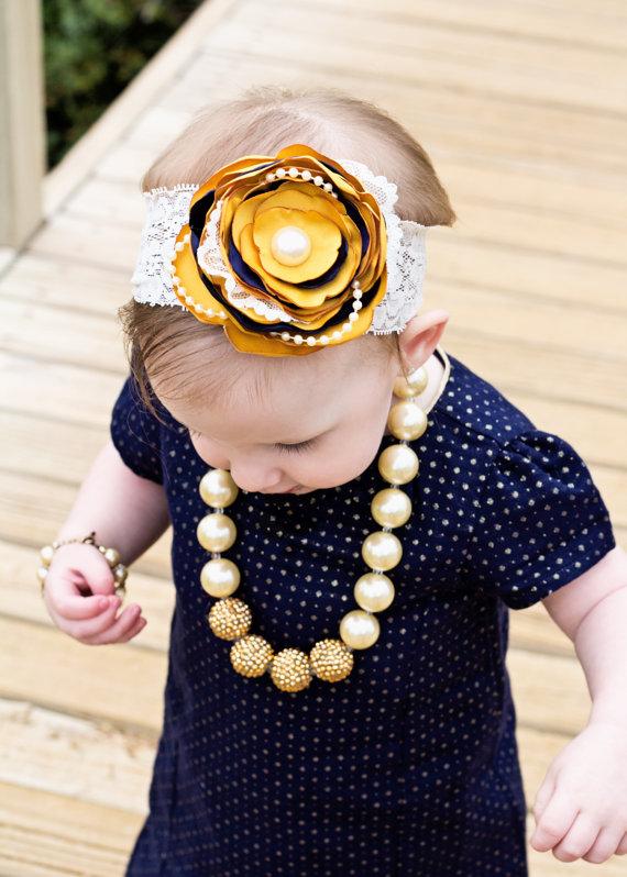 Wedding - Mustard and Navy Satin Flower with Pearl and Lace detail. Wedding Headband, Easter, Holidays, Church, Birthday, Fall, Autumn