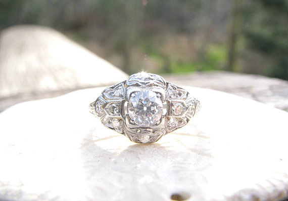 Wedding - Art Deco Engagement Ring, Old Mine Cut Diamond, Lovely Engraving and Details, Platinum, Custom Sizing Included, Circa 1930s