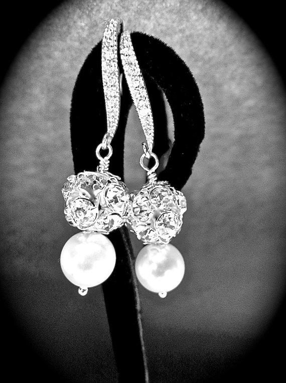 Wedding - Pearl earrings - Bridal Jewelry - Pearl and Crystal rhinestone earrings - Fireballs- Sterling Silver ear wires - Bridesmaids gift -Elegance