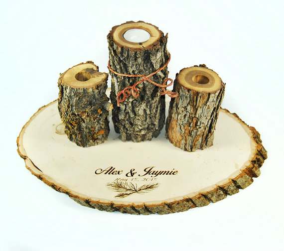 زفاف - Unity Candle Set with pine needles and personalized engraving and charm