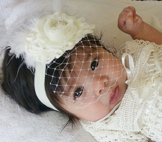 Mariage - Vintage Baby Baptism Headband .. Wedding Headband . Christening Headband .. Birdcage Veil .. Shabby Roses Pearls