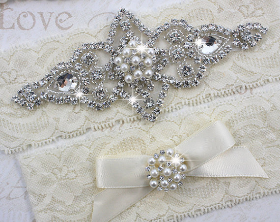 Hochzeit - SALE - Best Seller - CHLOE II - Wedding Pearl Garter Set, Wedding Ivory Stretch Lace Garter, Rhinestone Crystal Bridal Garters