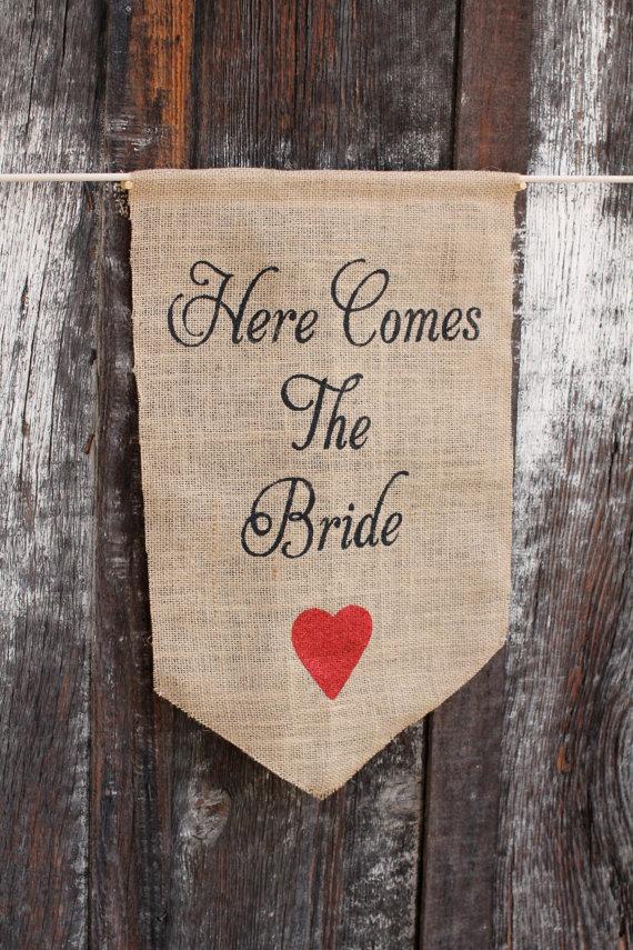 Wedding - Here comes the Bride Burlap Banner - Wedding sign with heart- Burlap sign CUSTOM COLOR - flower girl and ring bearer