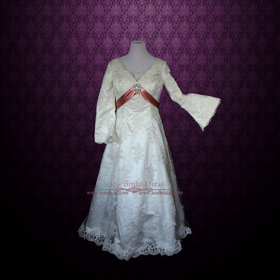 Mariage - Medieval Long Sleeves Ethereal Ivory Lace Wedding Dress 