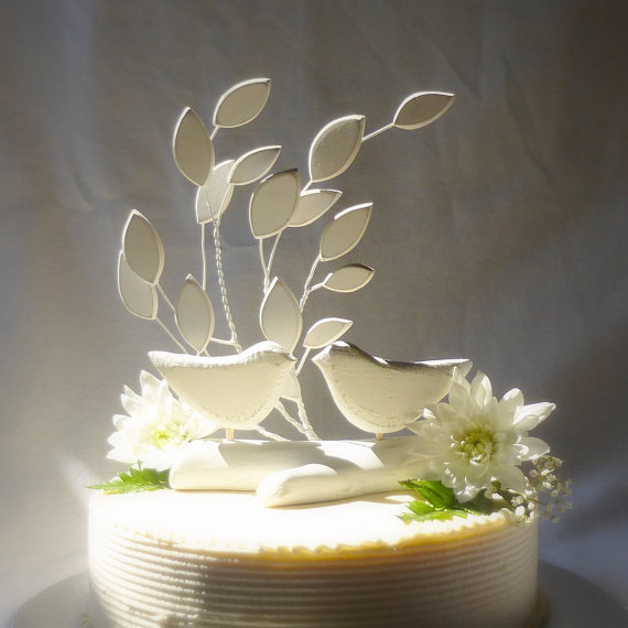 Wedding - White Wedding Cake Topper, Love Bird Wedding Topper with Wood Leaves and Driftwood Base, 100% Handmade