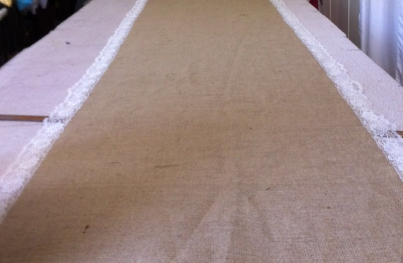 Hochzeit - Burlap Custom Made Aisle Runner 50 ft with Ivory lace border on both sides