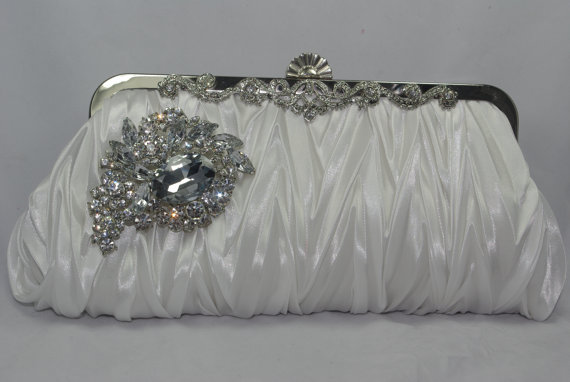 زفاف - White Satin Crystal Wedding Handbag - Bridal Clutch - Wedding Purse - White Satin Bridal Handbag - Crystal Bridal Purse - Bride Purse -