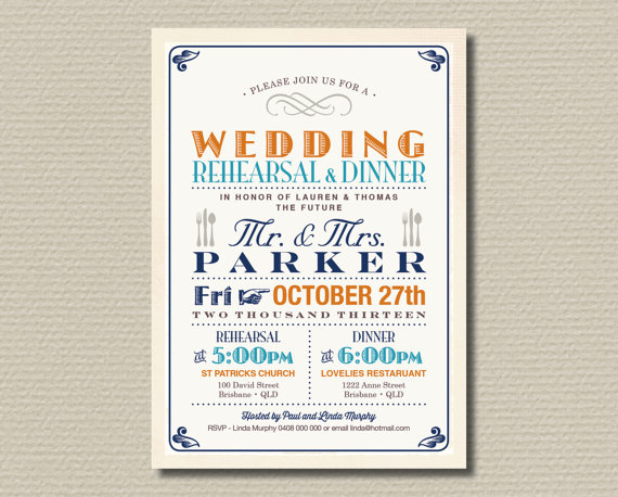 Wedding - Printable Rehearsal Dinner Invitation - Vintage Poster Navy, Orange and Teal (RD06)