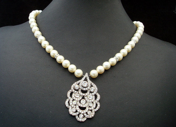 Wedding - Pearl Necklace,Bridal Pearl Necklace,Ivory Pearls,Statement Bridal Necklace,Peacock Rhinestone Necklace,Rhinestone Necklace,Pearl, SUSANE