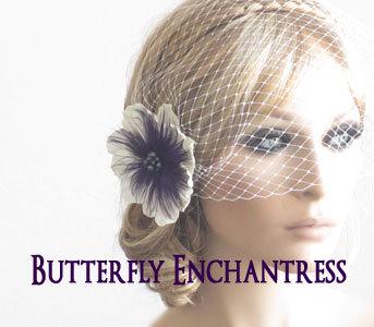 زفاف - Bridal Veil Flower Set, Hair Accessories, Birdcage Veil - Purple Indigo Shimmer Anemone Feather Flower and Detachable Bandeau Veil Set