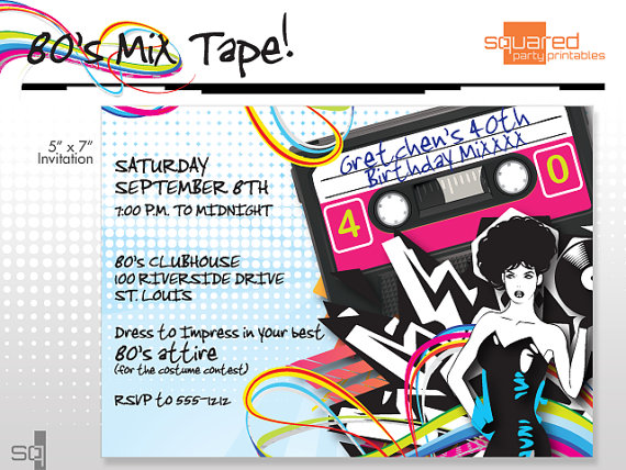 Mariage - 80's - 1980s Printable Birthday Party Invitation - DIY Print - Print it Yourself Eighties Invite