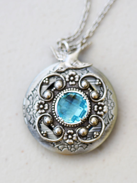 Mariage - Locket, Silver Locket,Jewelry Gift,  Aquamarine Blue Glass Locket,Rhinestone Locket,Bird,Flower,Wedding Necklace,bridesmaid necklace